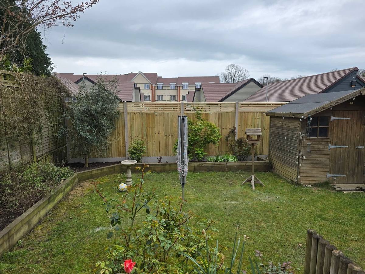 New fence with a trellis top around the same garden and shed