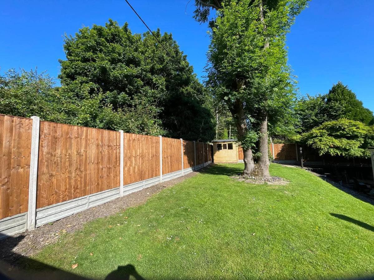 New timber fence with concrete posts and gravel boards beside the same tree